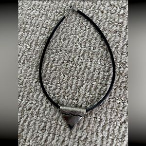 Men leather cord necklace with tribal triangular pendant antique silver polish